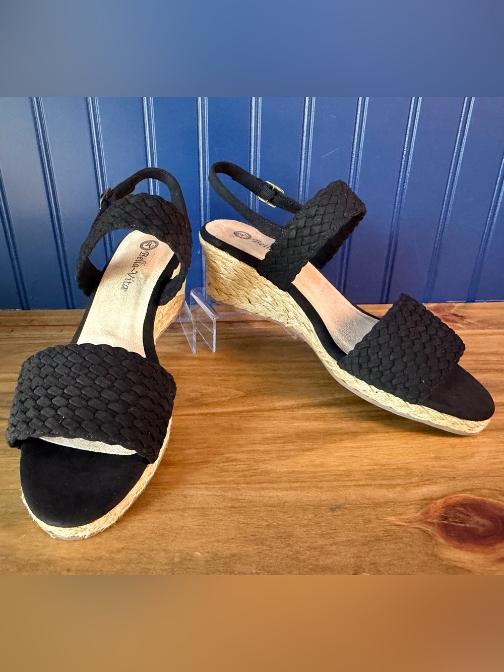 Bella Vita Mariella Black Espadrille Wedge Sandals NIB